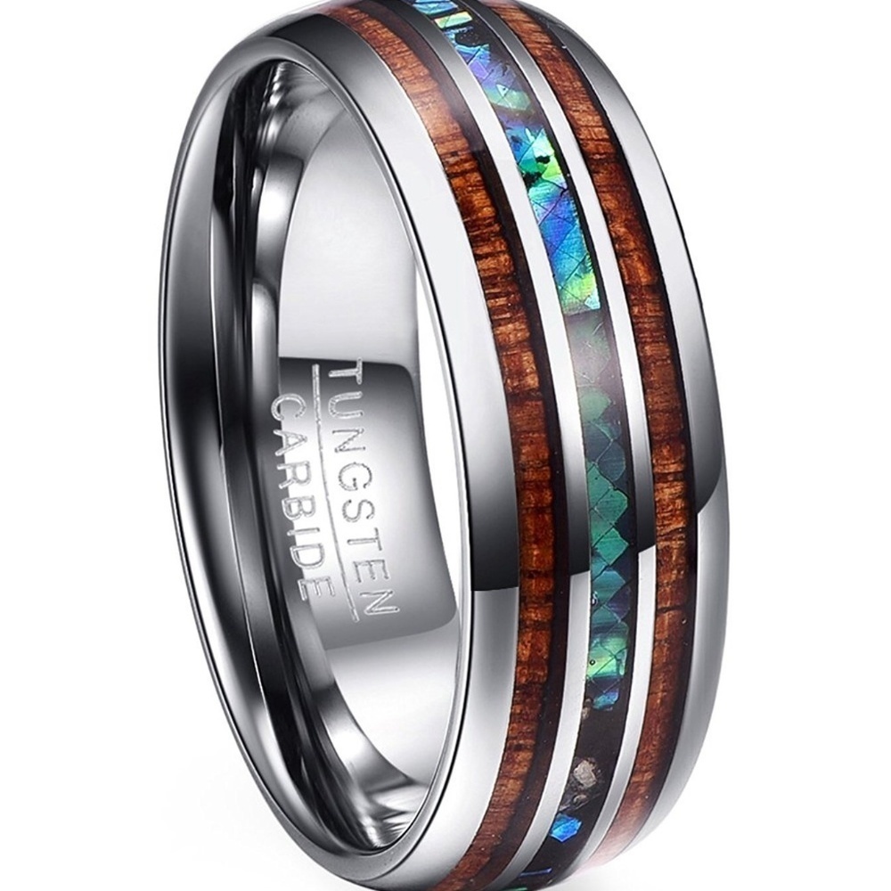 Tungsten Hawaiian Koa‎ Wood Abolone Ring B16